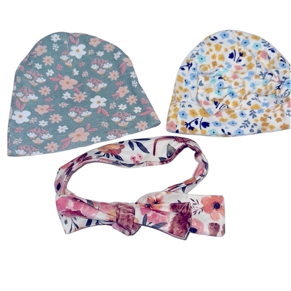 Floral Kids boho hats Headband and Beanie Set 0-6 Months